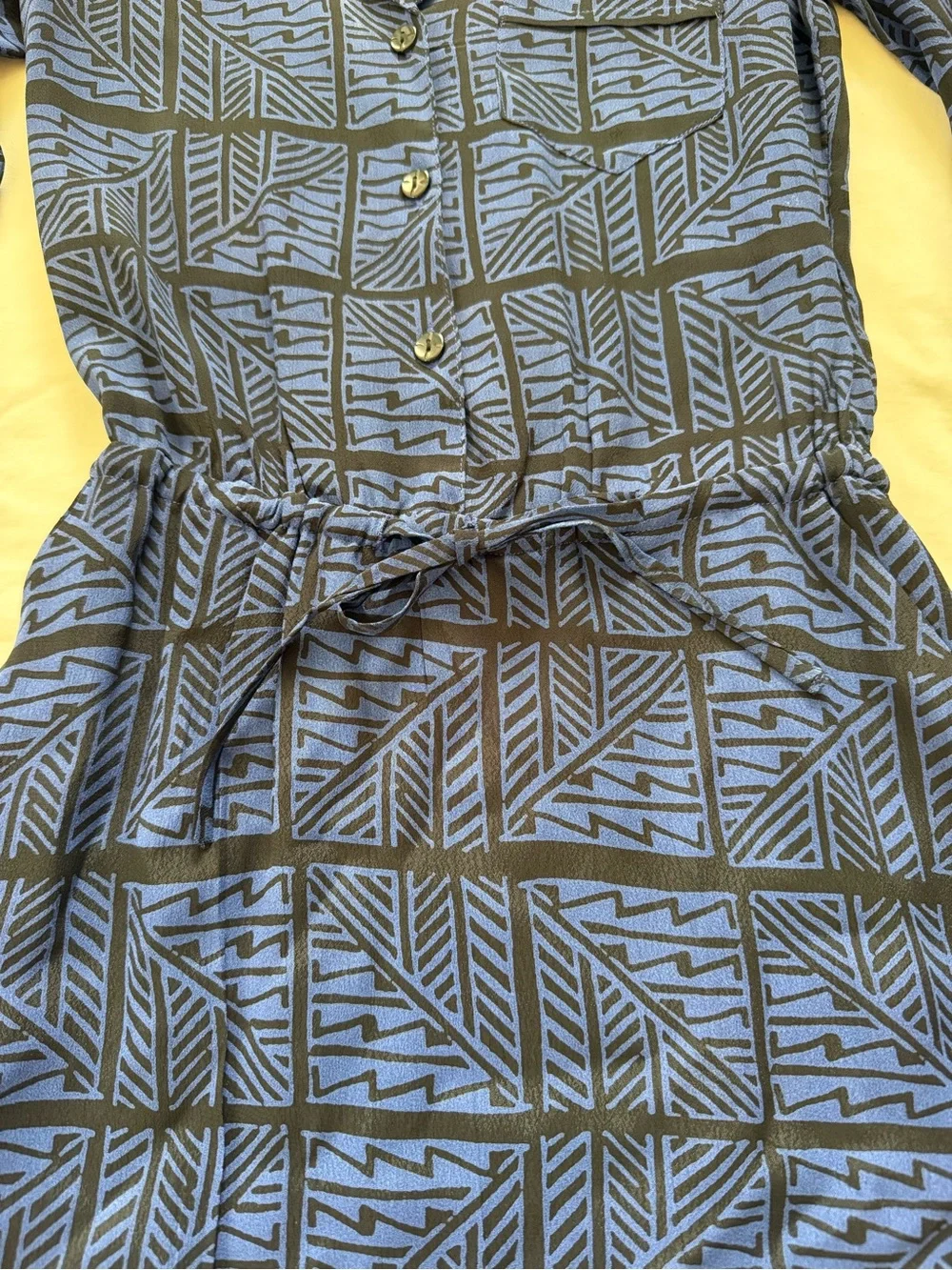 Lucky Brand Blue & Black Geometric Shirt Dress XS Tie Waist Long Sleeve Pockets - Picture 3 of 7